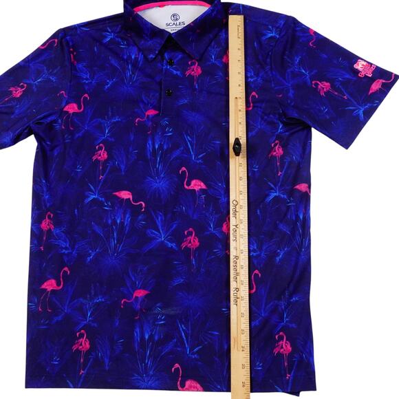 Scales Golf Polo Mens Blue Flamingo Palm Trees Tropical Bear Lakes Shirt Small - Picture 5 of 7
